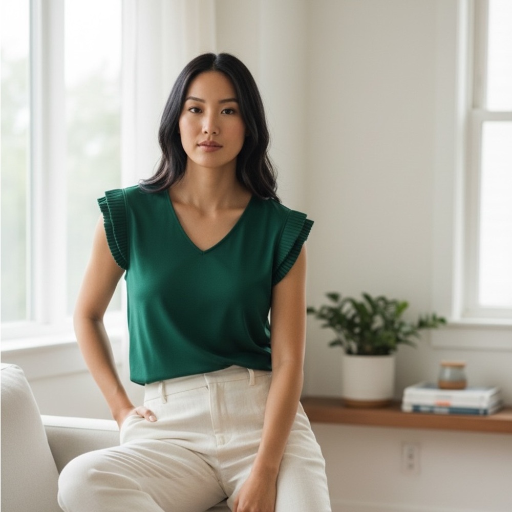 Adrianna Papell Simply Green V-Neck Top with Pleated Flutter Sleeves - L